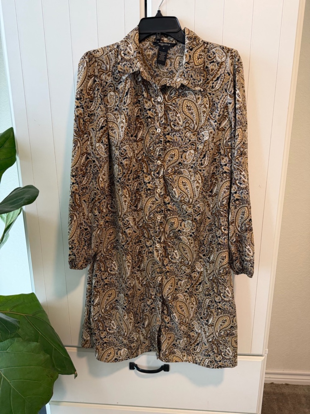 125 - Millenium Paisley Asymmetrical Shirt Dress in Beige and Black